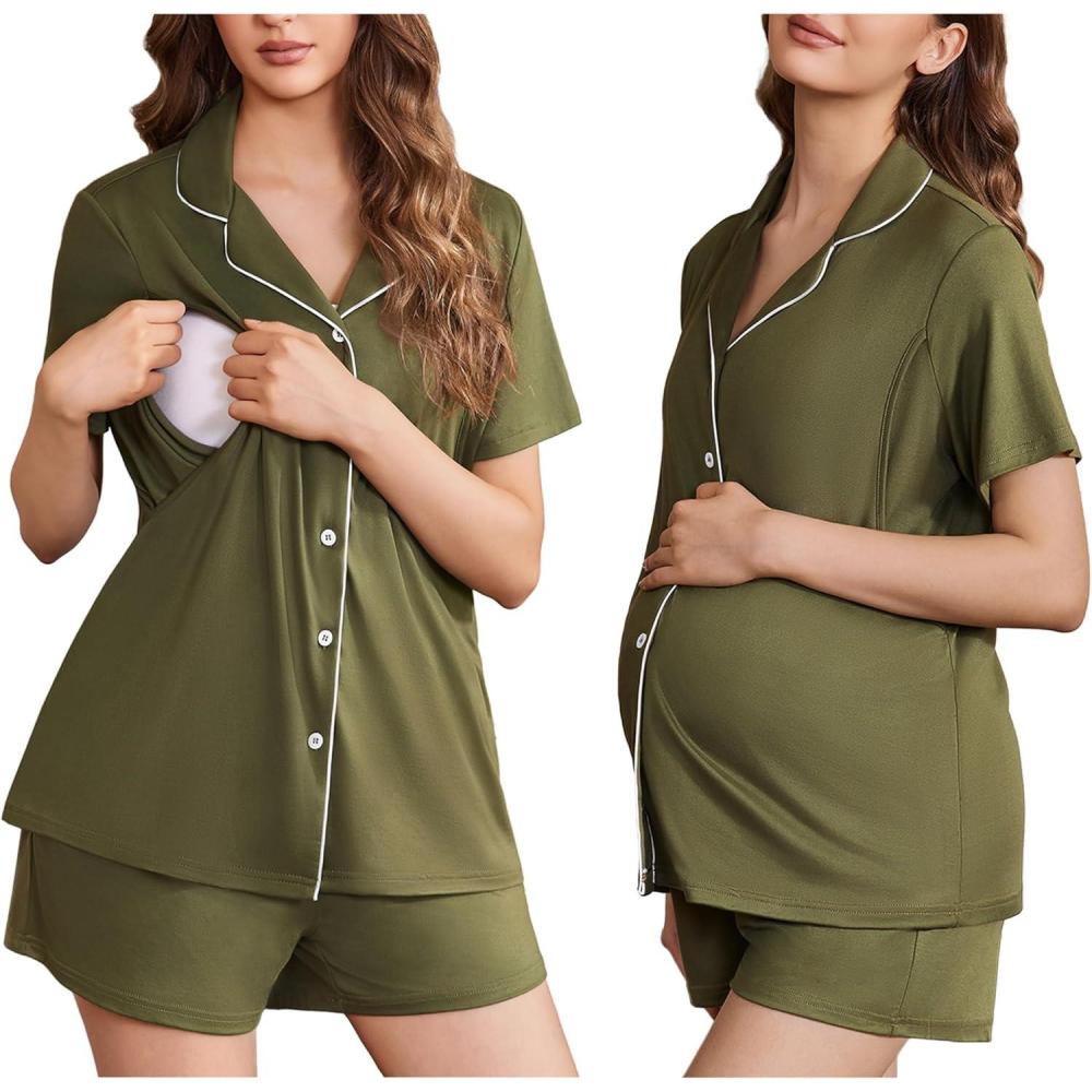 imageEkouaer Womens Maternity Nursing Pajama Sets Button Down Postpartum Pajamas Short Sleeve Breastfeeding ClothesArmy Green
