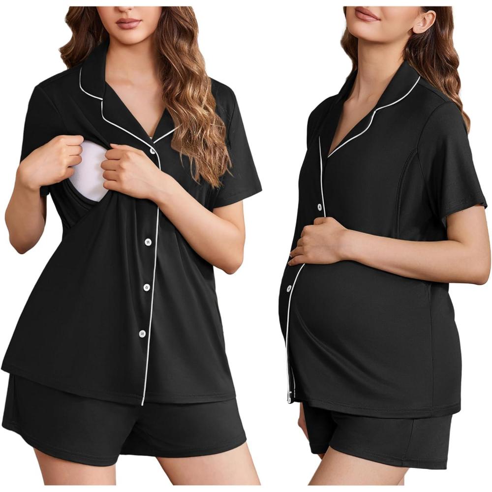 imageEkouaer Womens Maternity Nursing Pajama Sets Button Down Postpartum Pajamas Short Sleeve Breastfeeding ClothesBlack
