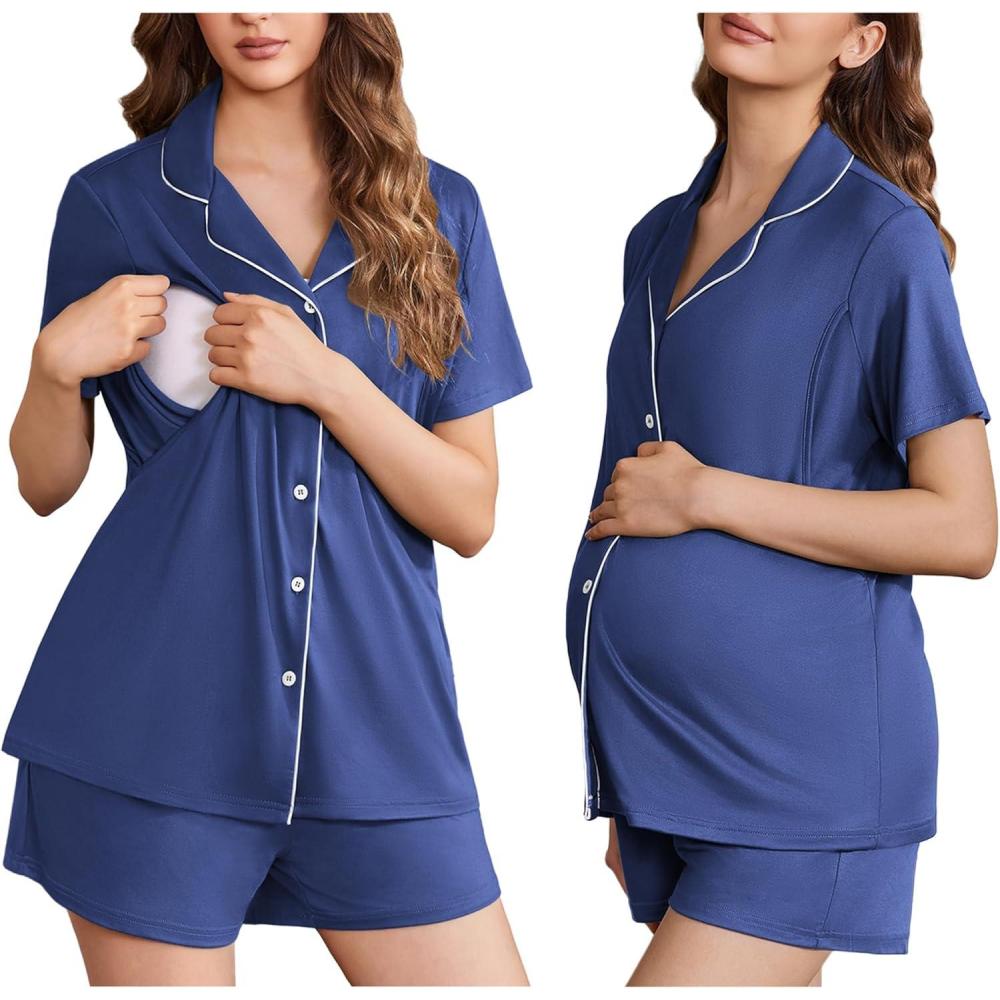 imageEkouaer Womens Maternity Nursing Pajama Sets Button Down Postpartum Pajamas Short Sleeve Breastfeeding ClothesBlue