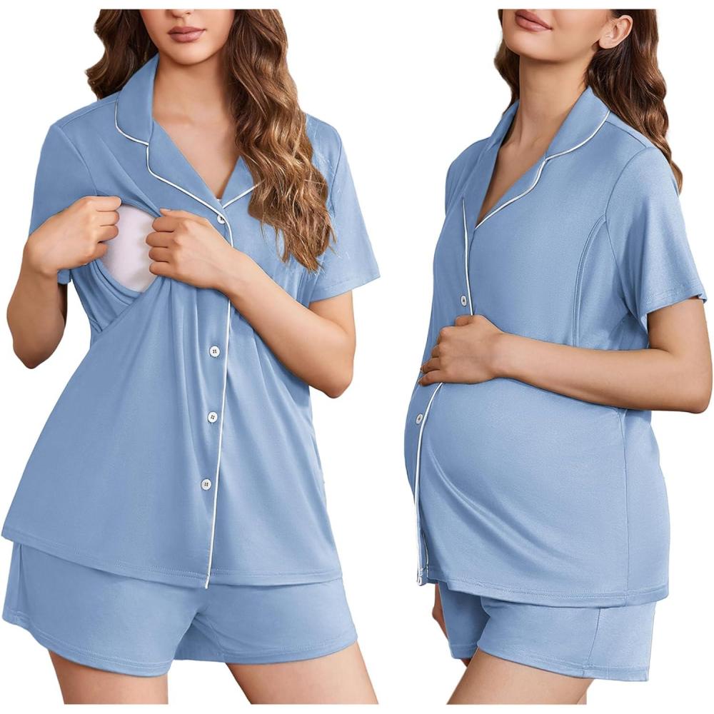 imageEkouaer Womens Maternity Nursing Pajama Sets Button Down Postpartum Pajamas Short Sleeve Breastfeeding ClothesLight Blue