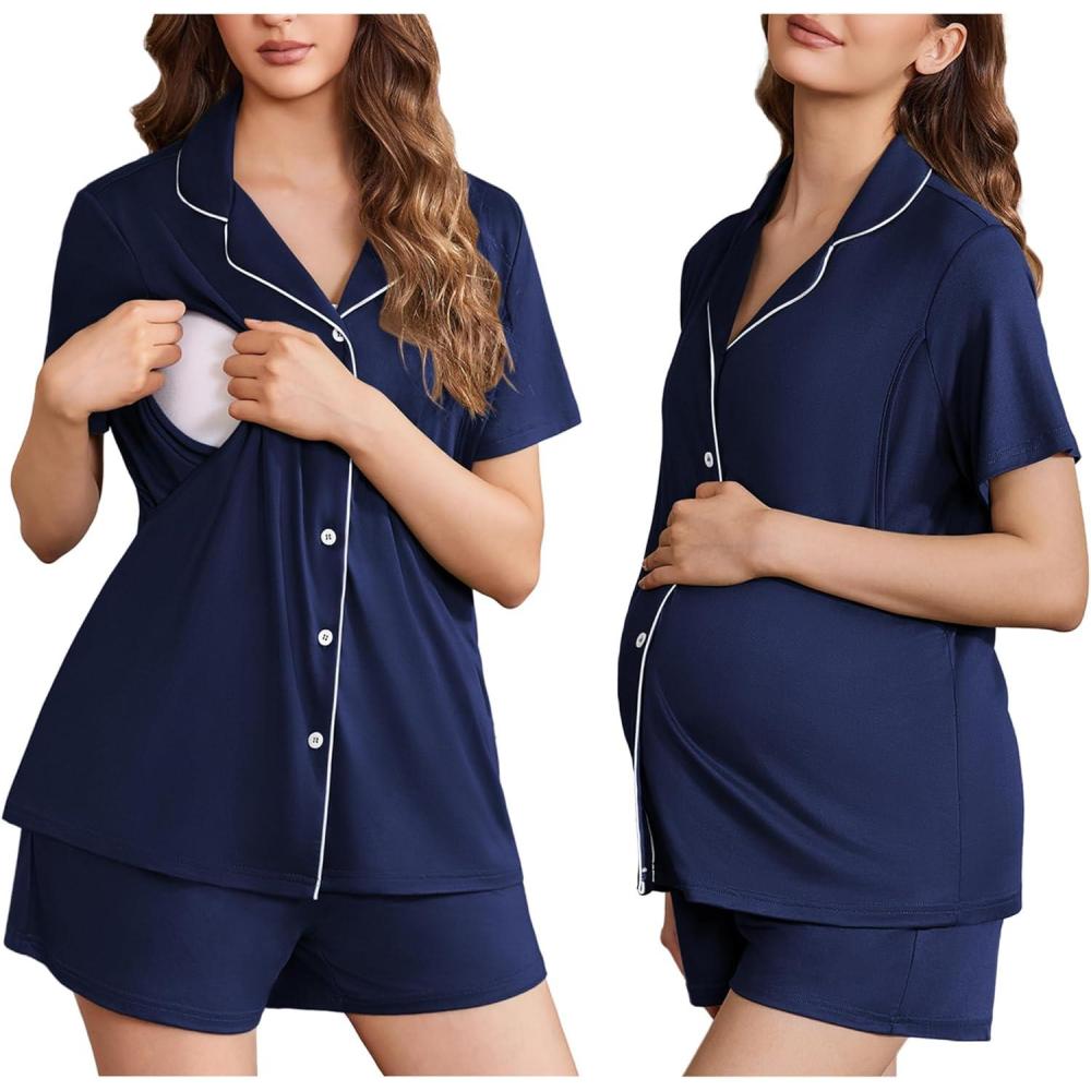 imageEkouaer Womens Maternity Nursing Pajama Sets Button Down Postpartum Pajamas Short Sleeve Breastfeeding ClothesNavy