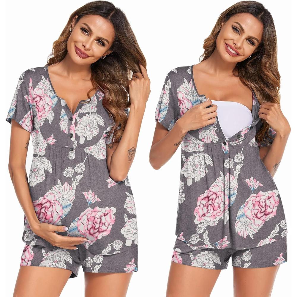 imageEkouaer Womens Maternity Nursing Pajama Sets Short Sleeve Postpartum Pajamas Breastfeeding Pregnancy ClothesAgray Flower