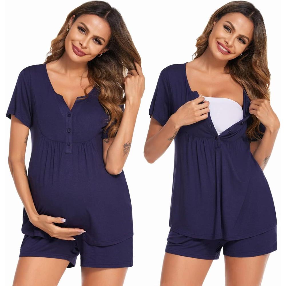 imageEkouaer Womens Maternity Nursing Pajama Sets Short Sleeve Postpartum Pajamas Breastfeeding Pregnancy ClothesBlue