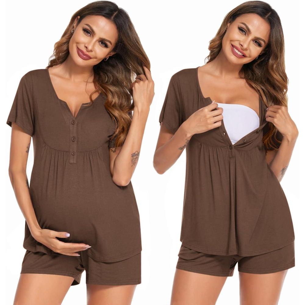imageEkouaer Womens Maternity Nursing Pajama Sets Short Sleeve Postpartum Pajamas Breastfeeding Pregnancy ClothesBrown