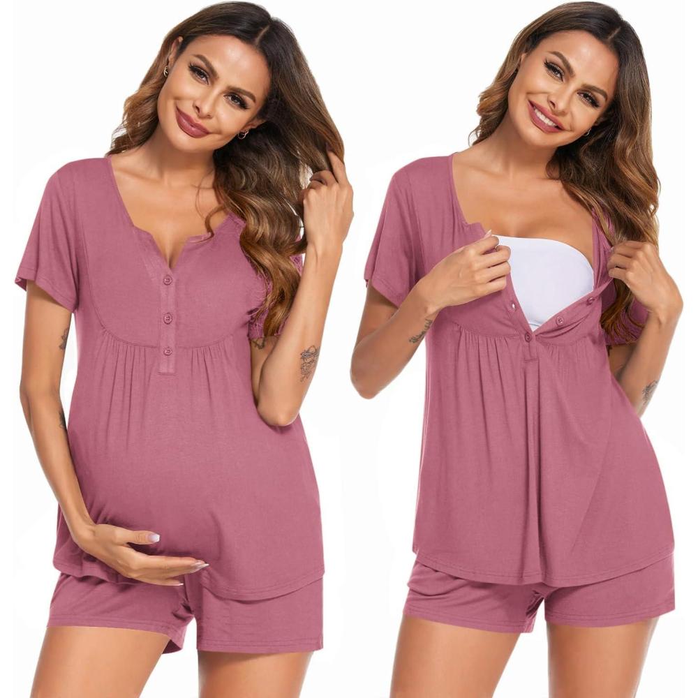 imageEkouaer Womens Maternity Nursing Pajama Sets Short Sleeve Postpartum Pajamas Breastfeeding Pregnancy ClothesGrey Red