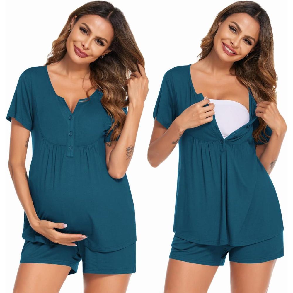 imageEkouaer Womens Maternity Nursing Pajama Sets Short Sleeve Postpartum Pajamas Breastfeeding Pregnancy ClothesTeal