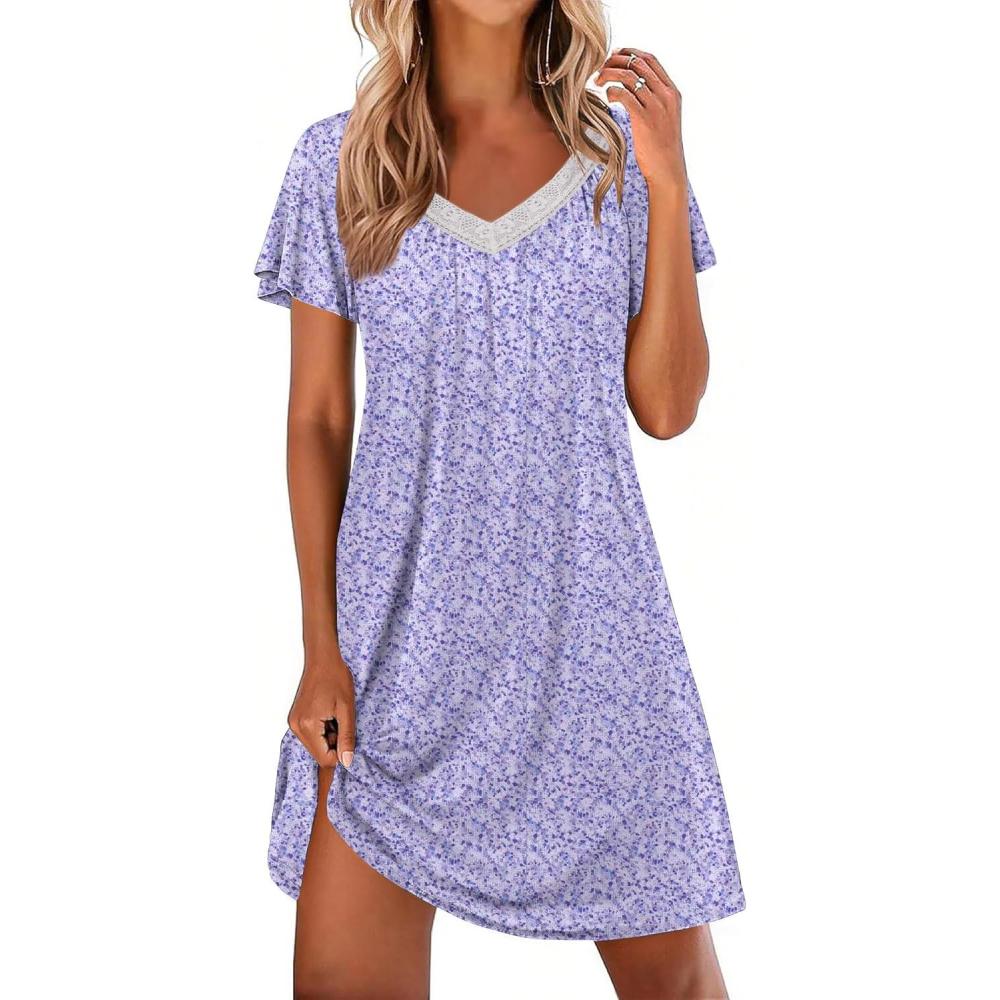 imageEkouaer Womens Nightgown Lace Trim V Neck Sleep Shirt Flare Short Sleeve Night Gown Pleated Nightshirt Ladies NightdressPurple Floral