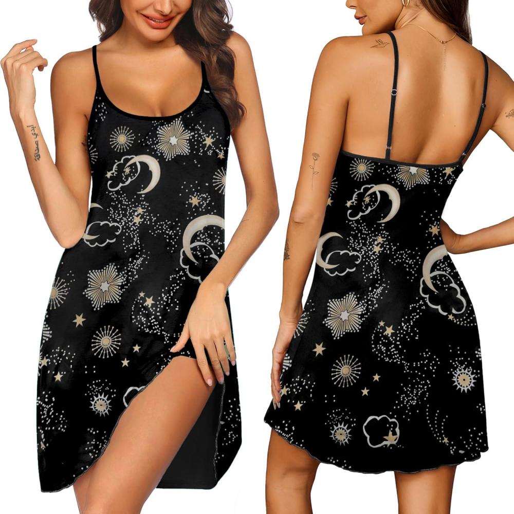 imageEkouaer Womens Nightgown Pj Dress for Women Adjustable Spaghetti Chemise Sleeveless V Neck SleepwearBlack Sun Print