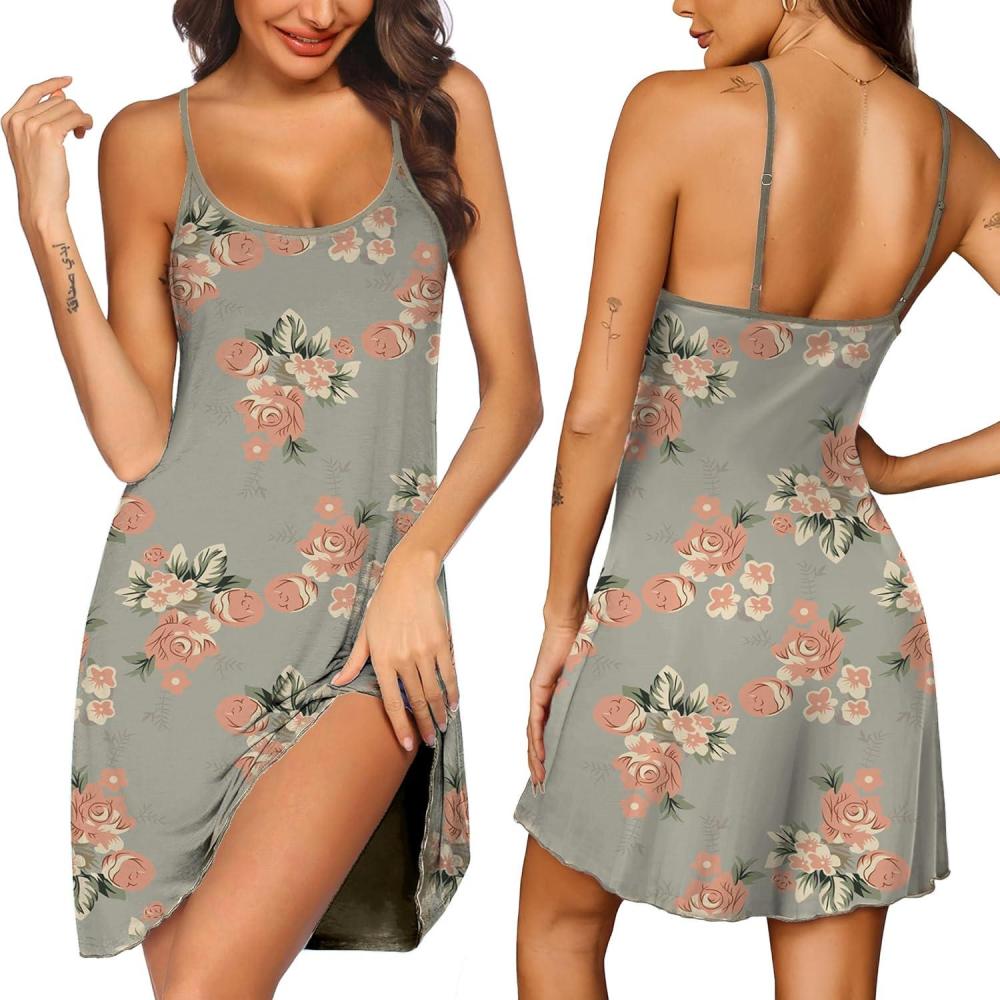 imageEkouaer Womens Nightgown Pj Dress for Women Adjustable Spaghetti Chemise Sleeveless V Neck SleepwearPink Flower