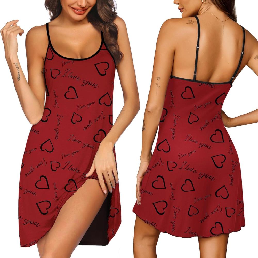 imageEkouaer Womens Nightgown Pj Dress for Women Adjustable Spaghetti Chemise Sleeveless V Neck SleepwearRed Love Print