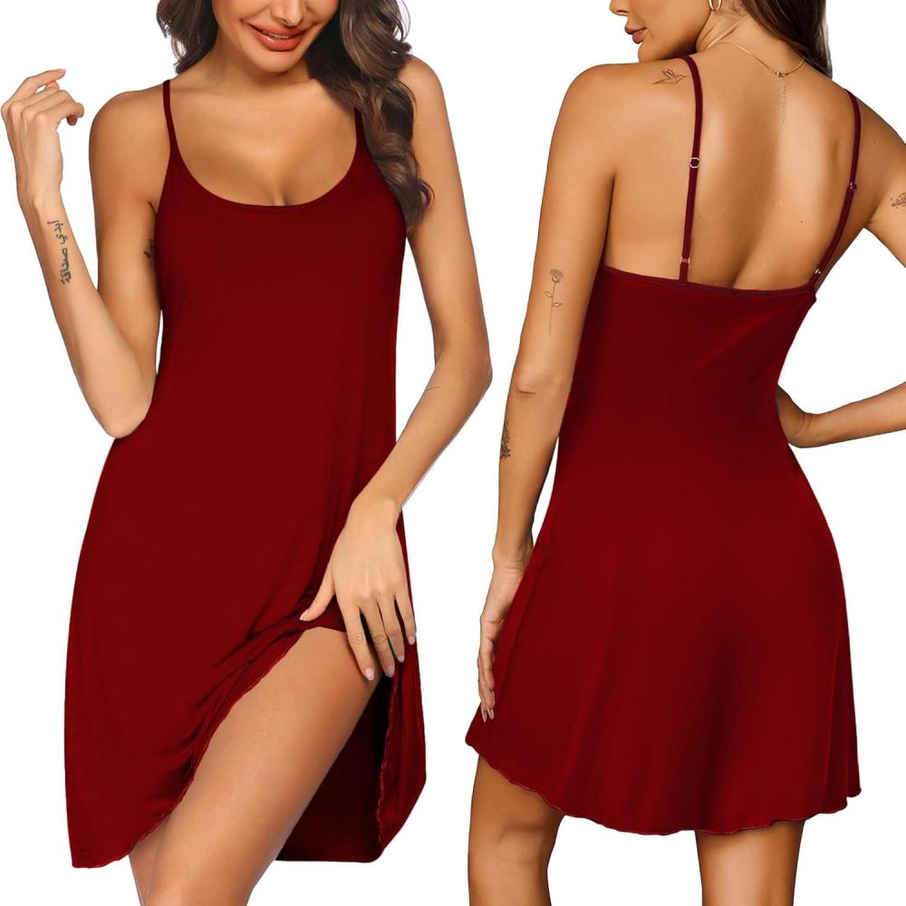 imageEkouaer Womens Nightgown Pj Dress for Women Adjustable Spaghetti Chemise Sleeveless V Neck SleepwearWine Red