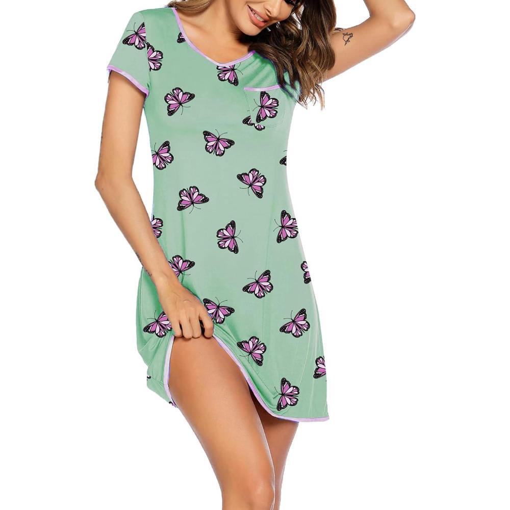 imageEkouaer Womens Nightgown Sleep Shirt Dress Satin Patchwork Short Sleeve Sleepwear with PocketGreen Butterfly