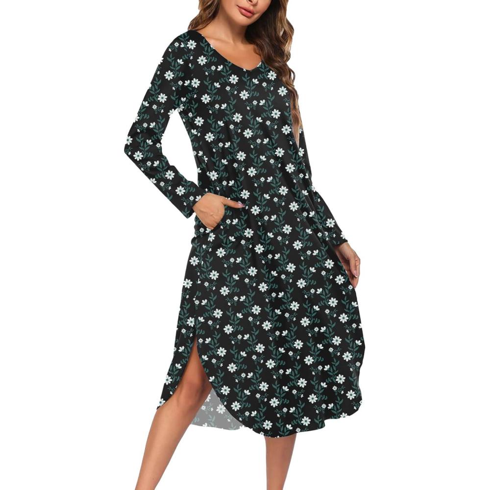 imageEkouaer Womens Nightgown V Neck Nightshirts Long Sleeve Sleepwear with Pockets S4XLBlack Daisy