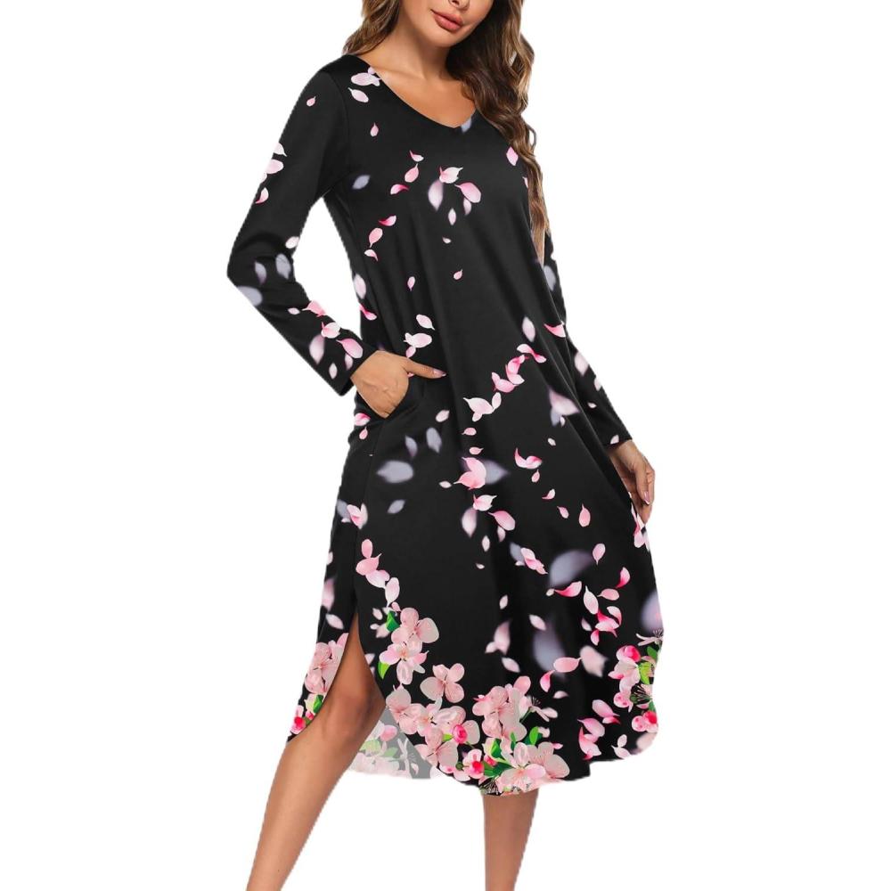imageEkouaer Womens Nightgown V Neck Nightshirts Long Sleeve Sleepwear with Pockets S4XLBlack Flower