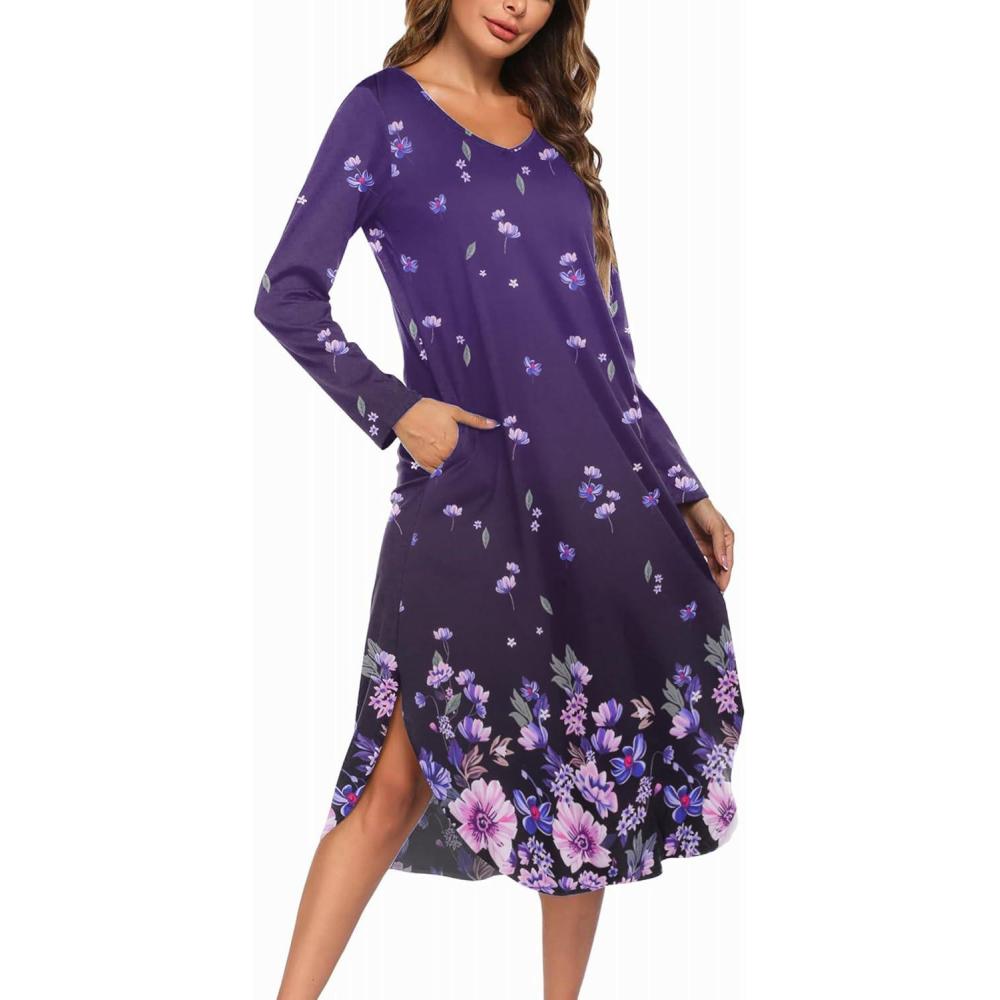imageEkouaer Womens Nightgown V Neck Nightshirts Long Sleeve Sleepwear with Pockets S4XLPurple Floral
