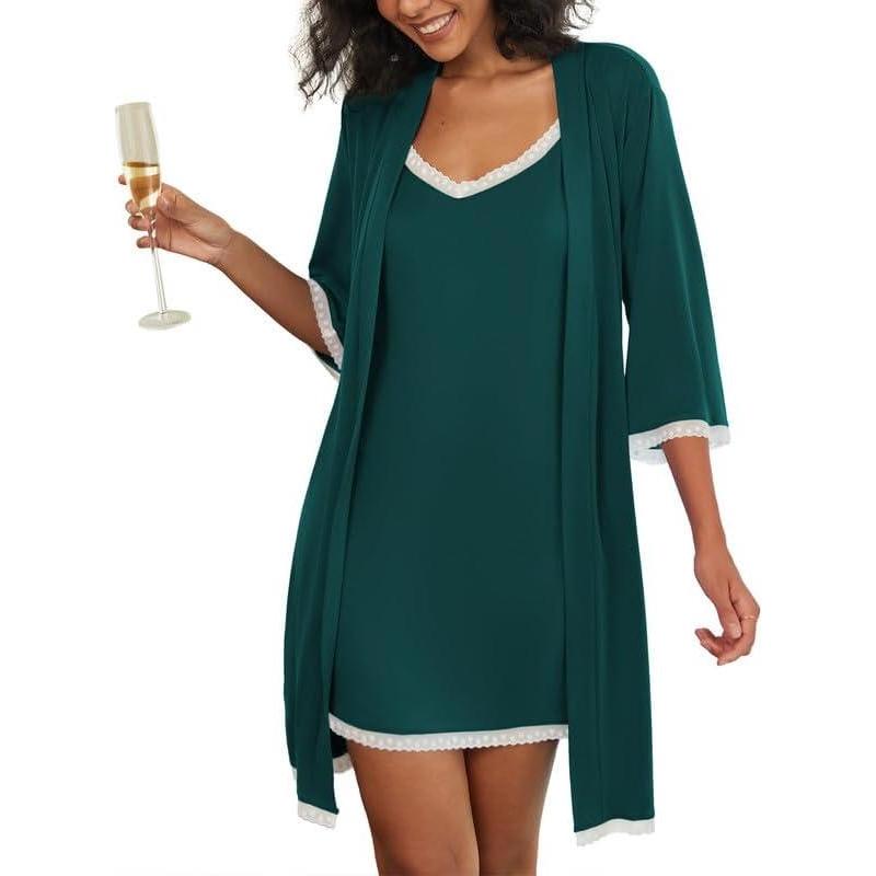 imageEkouaer Womens Nightgown and Robe Set 34 Sleeves Robes 2 Piece Bathrobe Set Vneck Lace Cami Sleepwear with Pockets S2XLLake Green
