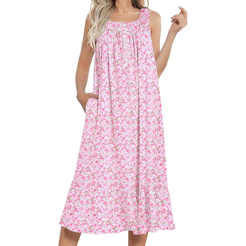 imageEkouaer Womens Nightgowns Long Sleeveless Night gown with Pockets Soft Ladies NightdressFloral Pink