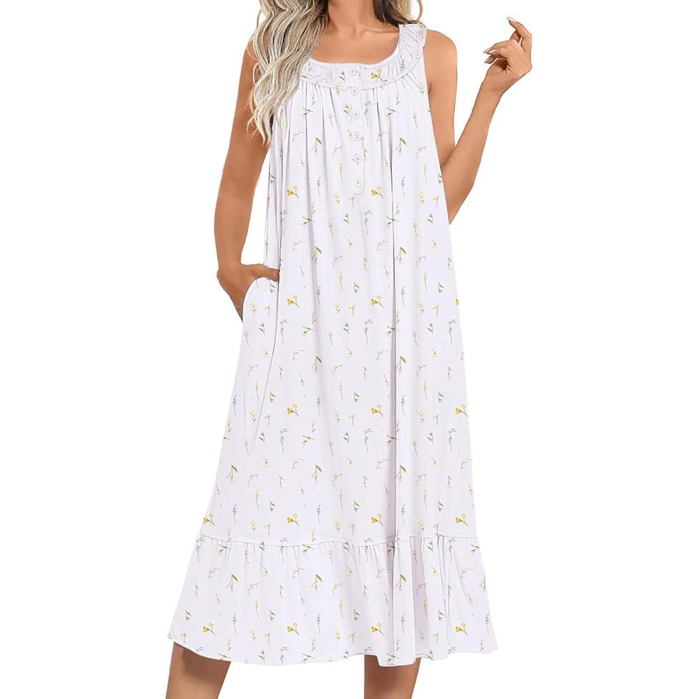 imageEkouaer Womens Nightgowns Long Sleeveless Night gown with Pockets Soft Ladies NightdressFloral White