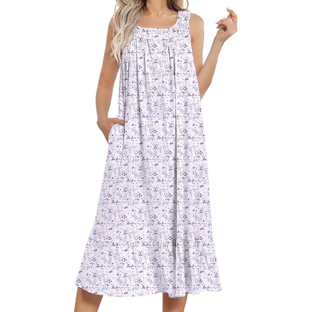 imageEkouaer Womens Nightgowns Long Sleeveless Night gown with Pockets Soft Ladies NightdressLeaf Purple