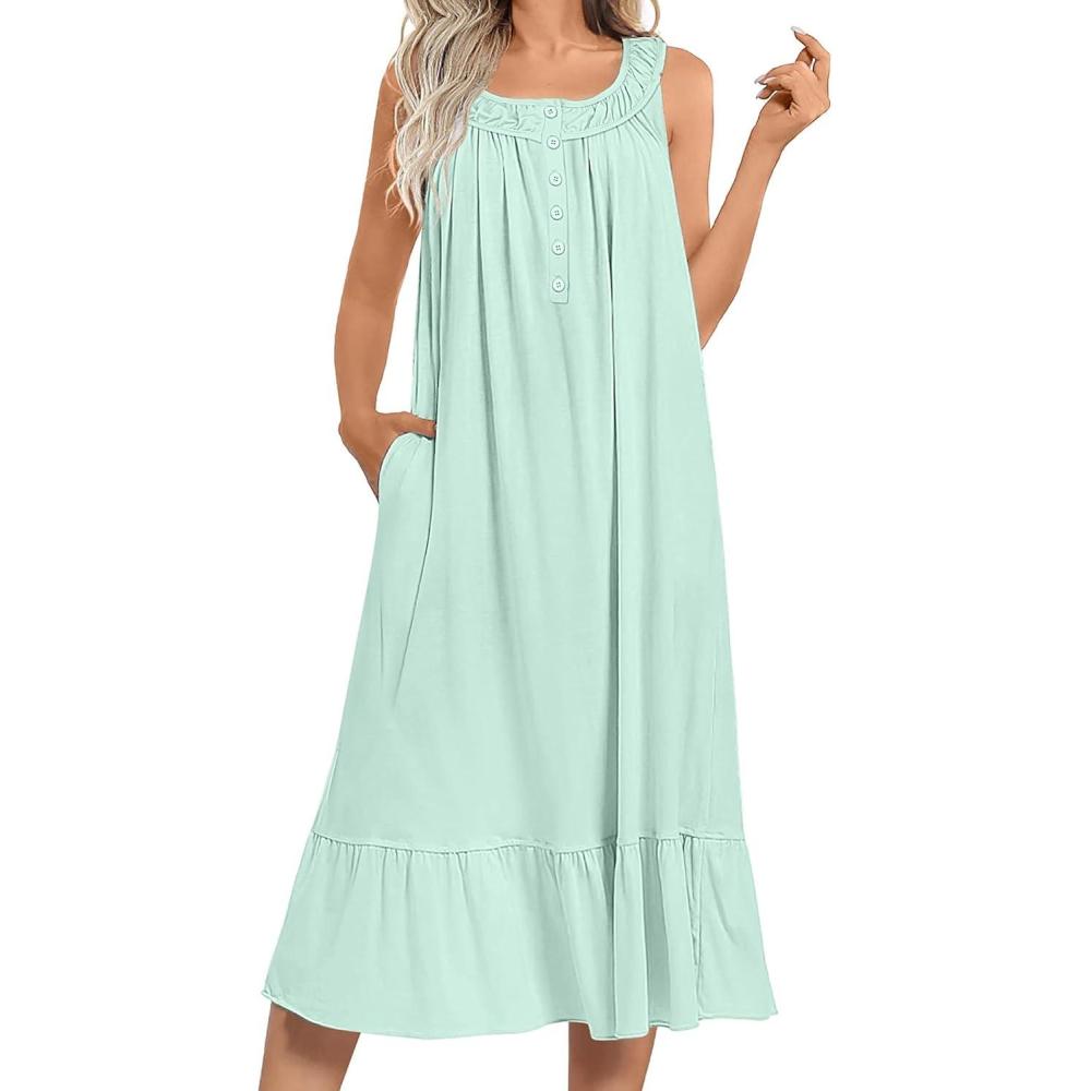imageEkouaer Womens Nightgowns Long Sleeveless Night gown with Pockets Soft Ladies NightdressLight Green