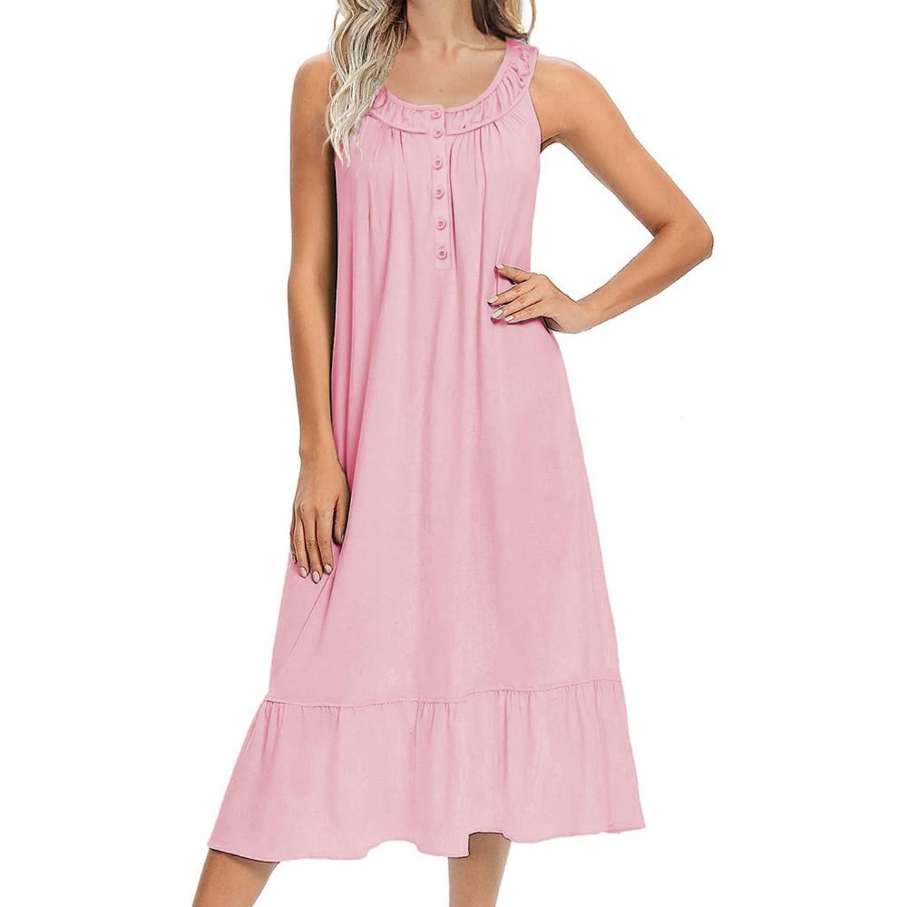 imageEkouaer Womens Nightgowns Long Sleeveless Night gown with Pockets Soft Ladies NightdressPink