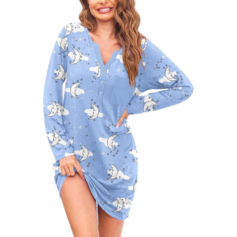 imageEkouaer Womens Nightshirt Long Sleeve Button Down Nightgown VNeck Sleepwear Casual Pajama DressBlue Stars Print