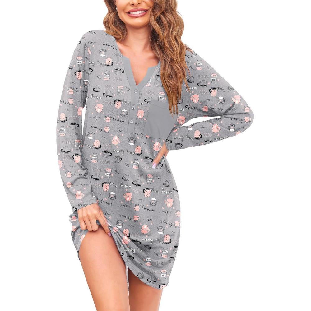 imageEkouaer Womens Nightshirt Long Sleeve Button Down Nightgown VNeck Sleepwear Casual Pajama DressGrey Coffee Print