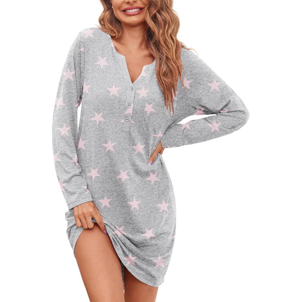 imageEkouaer Womens Nightshirt Long Sleeve Button Down Nightgown VNeck Sleepwear Casual Pajama DressGrey Stars Print