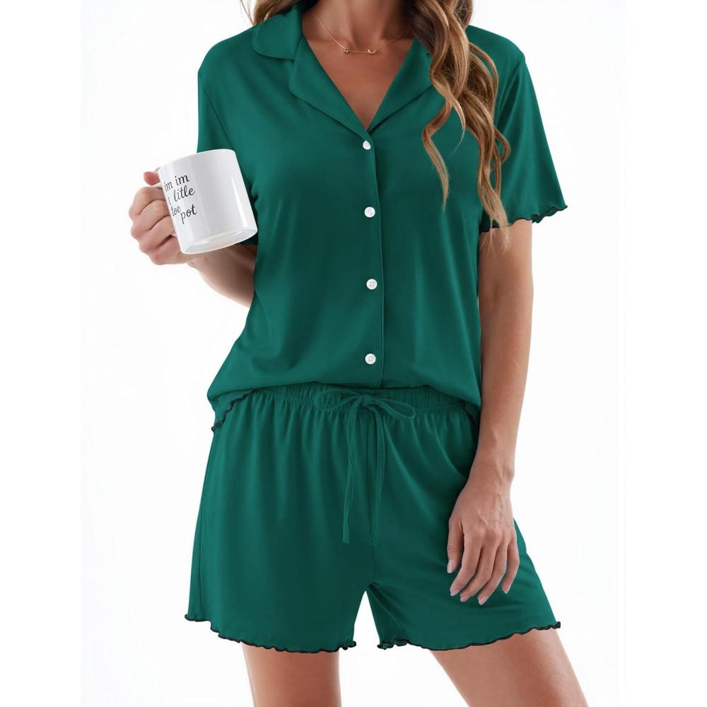 imageEkouaer Womens Pajama Sets Button Up Bride Pj Shorts Set 2 Piece Soft Sleepwear Short Sleeve Lounge Sets SXXLLake Green