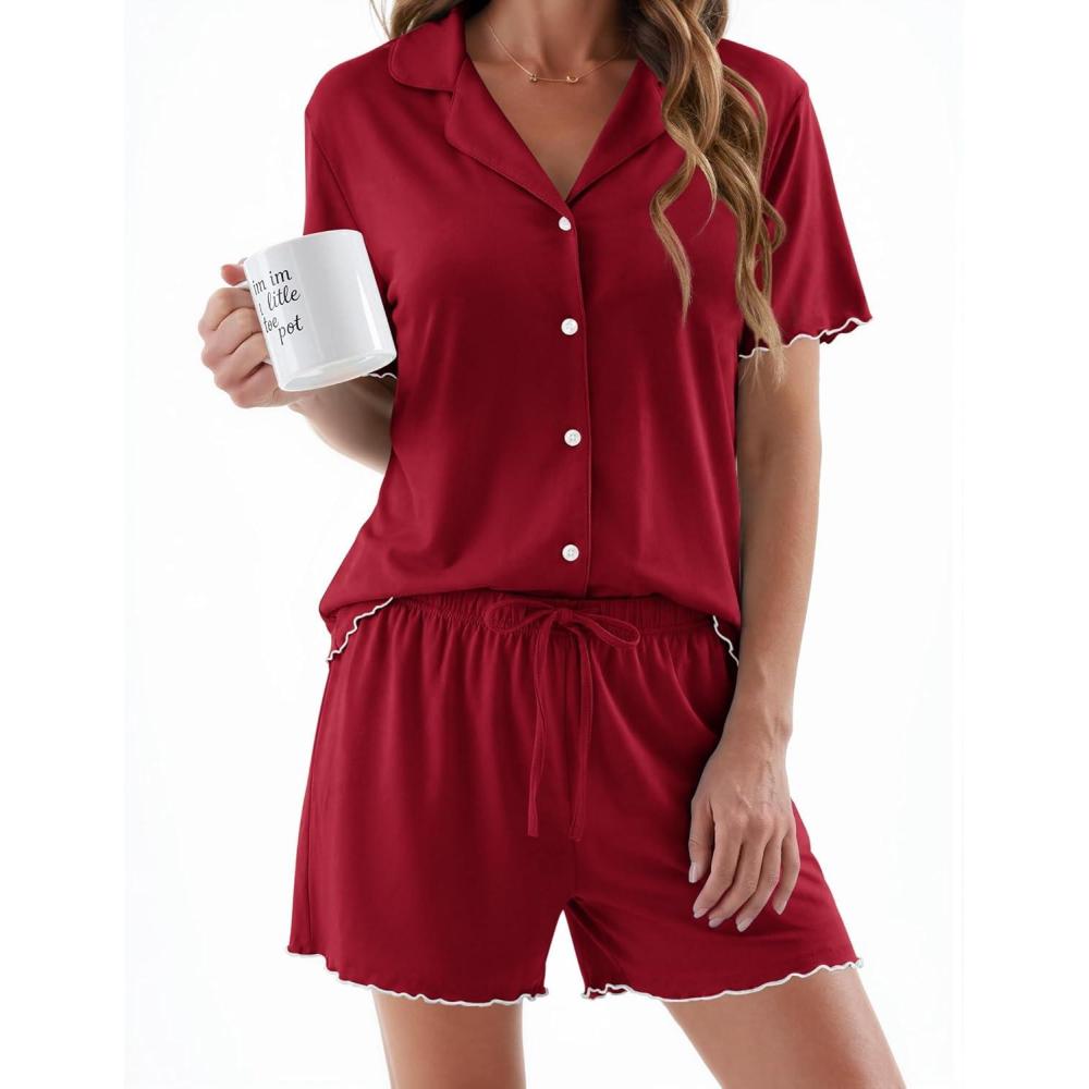 imageEkouaer Womens Pajama Sets Button Up Bride Pj Shorts Set 2 Piece Soft Sleepwear Short Sleeve Lounge Sets SXXLWine Red