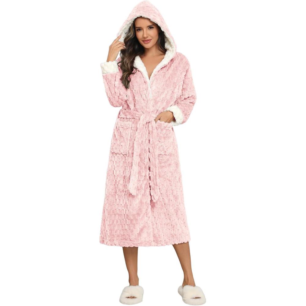 imageEkouaer Womens Plush Robes Long Soft Jacquard Fluffy Bathrobe Hooded Robe Sleepwear with PocketsA Pink