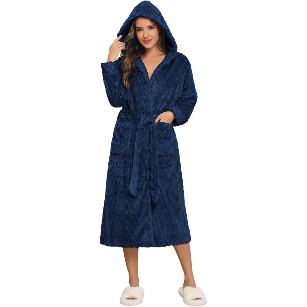imageEkouaer Womens Plush Robes Long Soft Jacquard Fluffy Bathrobe Hooded Robe Sleepwear with PocketsB Navy Blue