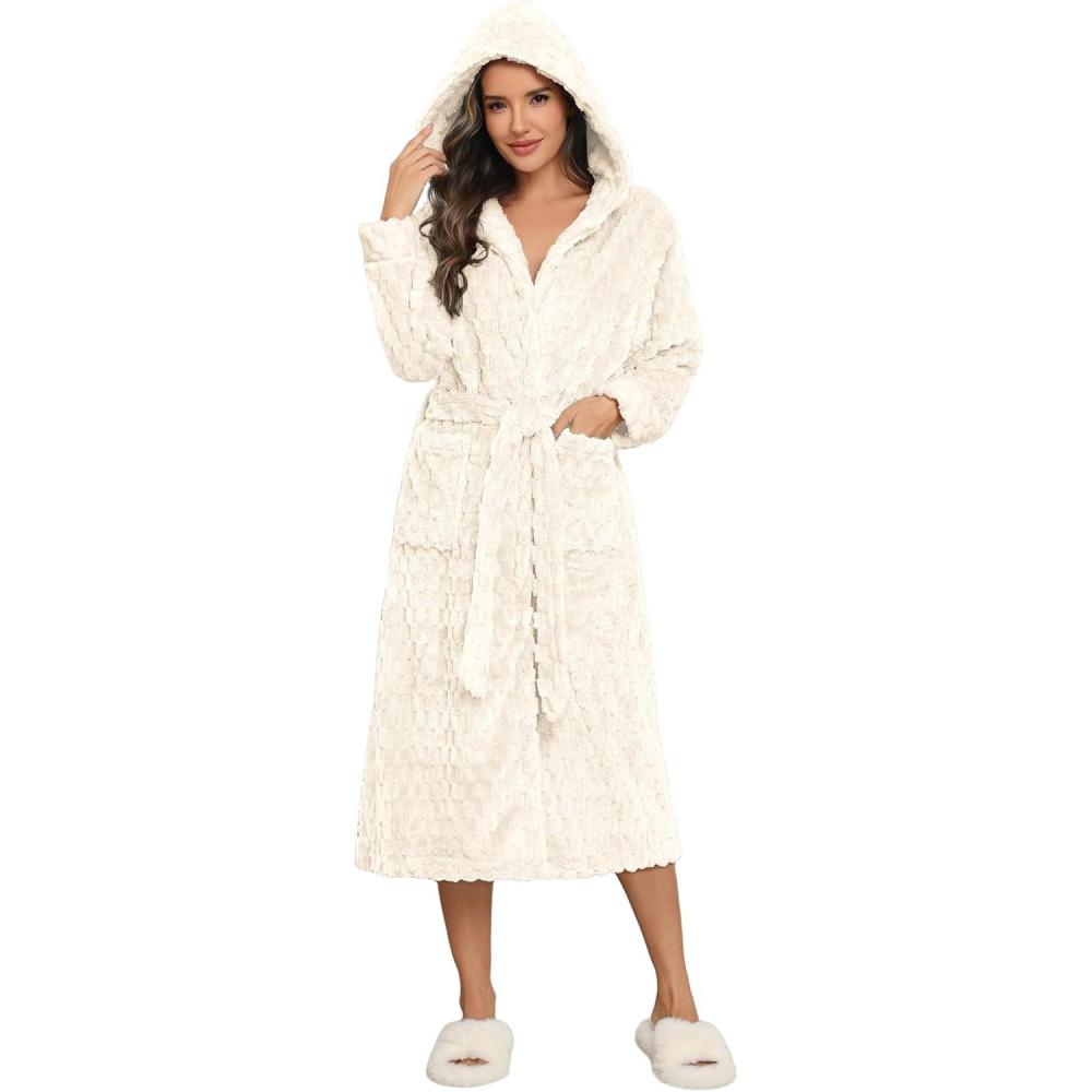 imageEkouaer Womens Plush Robes Long Soft Jacquard Fluffy Bathrobe Hooded Robe Sleepwear with PocketsB White