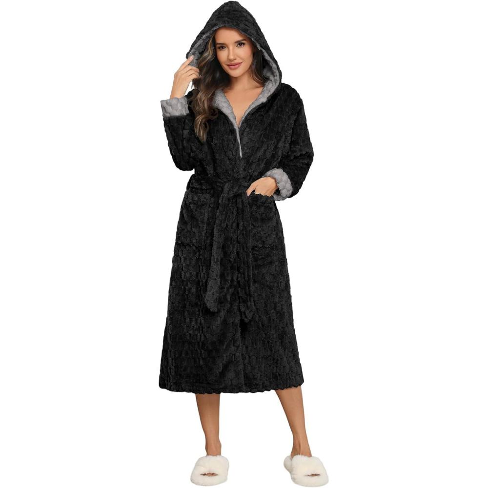 imageEkouaer Womens Plush Robes Long Soft Jacquard Fluffy Bathrobe Hooded Robe Sleepwear with PocketsBlack