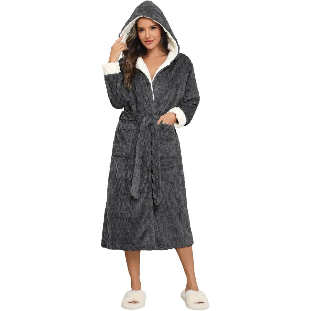 imageEkouaer Womens Plush Robes Long Soft Jacquard Fluffy Bathrobe Hooded Robe Sleepwear with PocketsDark Grey
