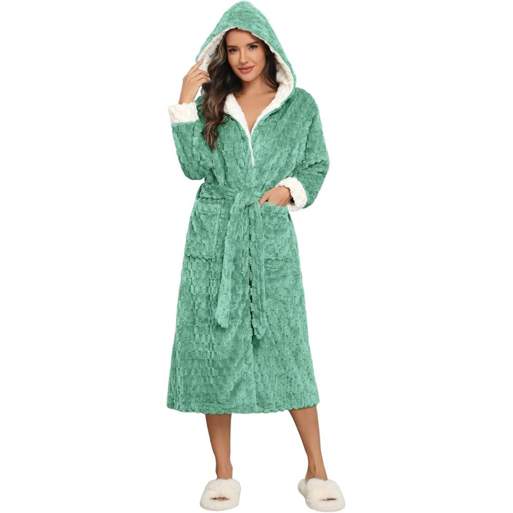 imageEkouaer Womens Plush Robes Long Soft Jacquard Fluffy Bathrobe Hooded Robe Sleepwear with PocketsGray Green