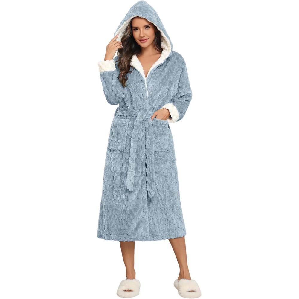 imageEkouaer Womens Plush Robes Long Soft Jacquard Fluffy Bathrobe Hooded Robe Sleepwear with PocketsLight Blue