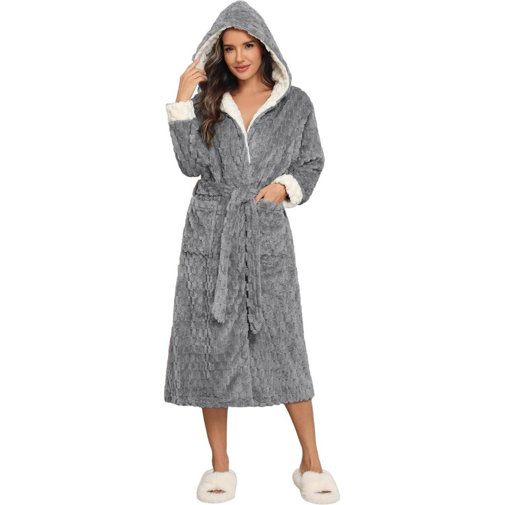 imageEkouaer Womens Plush Robes Long Soft Jacquard Fluffy Bathrobe Hooded Robe Sleepwear with PocketsLight Grey