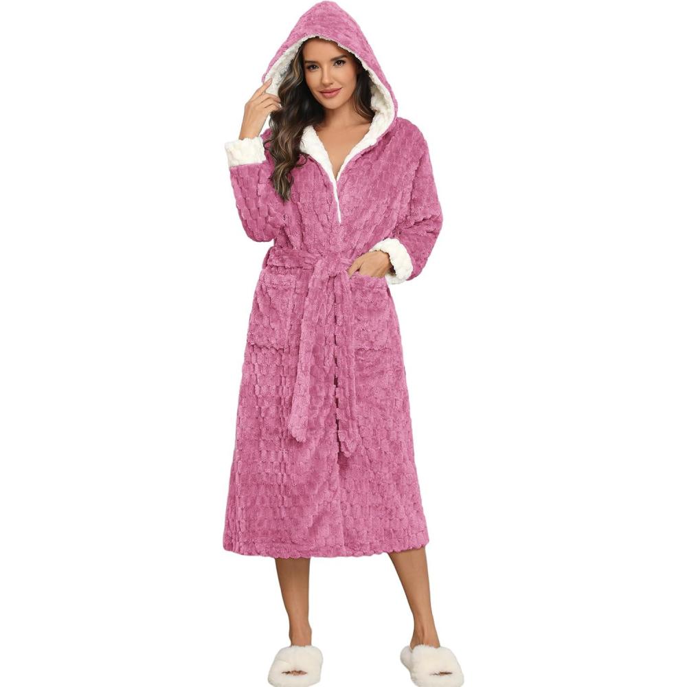 imageEkouaer Womens Plush Robes Long Soft Jacquard Fluffy Bathrobe Hooded Robe Sleepwear with PocketsPeach Pink