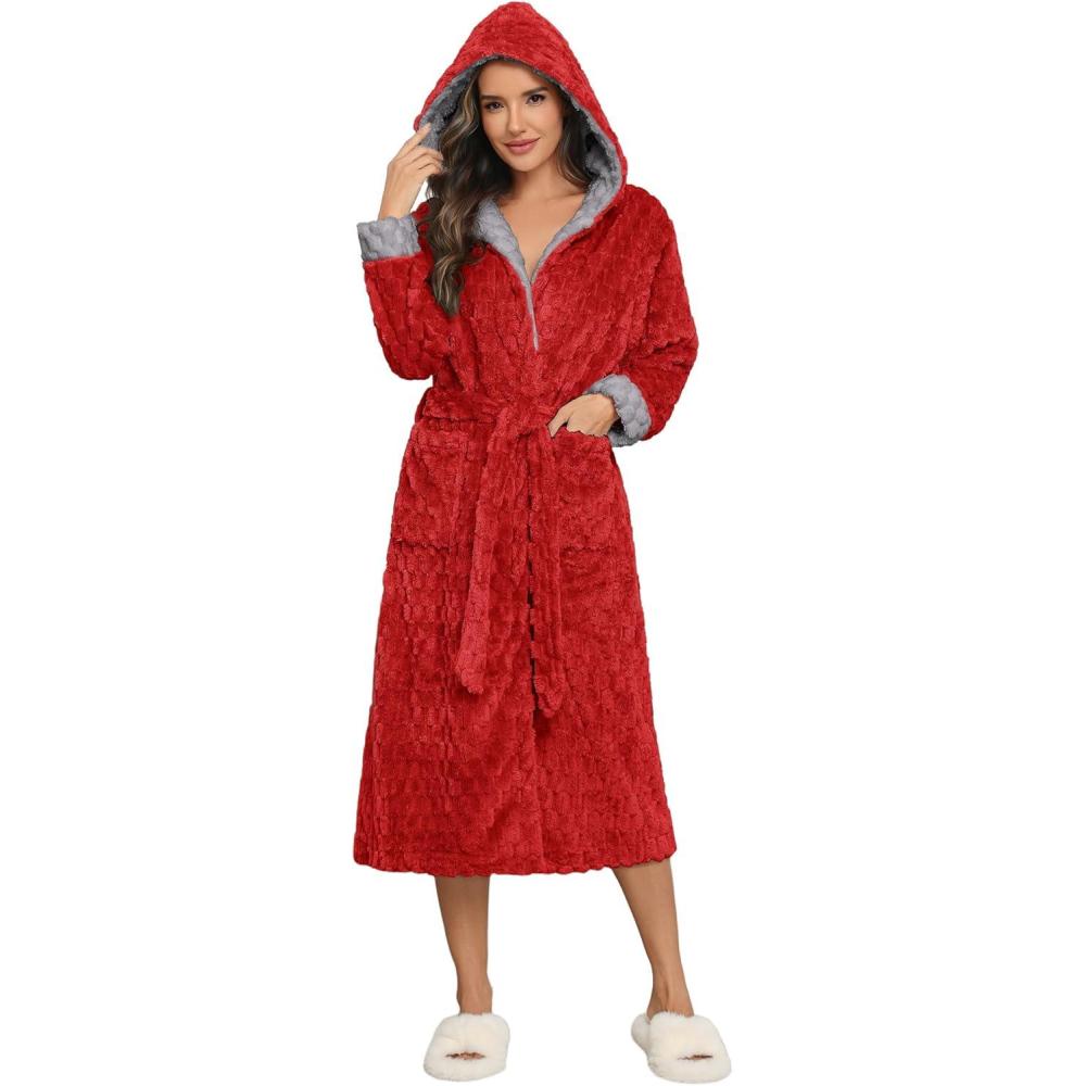 imageEkouaer Womens Plush Robes Long Soft Jacquard Fluffy Bathrobe Hooded Robe Sleepwear with PocketsRed