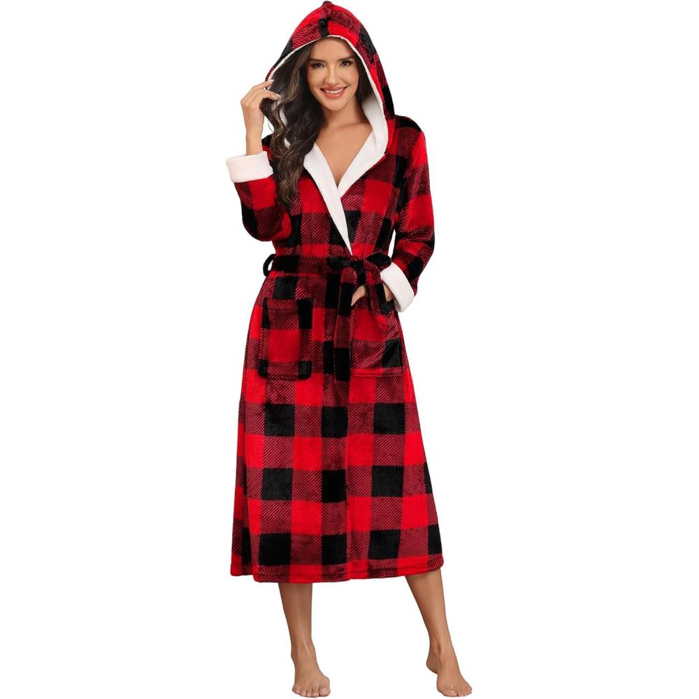 imageEkouaer Womens Plush Robes Long Soft Jacquard Fluffy Bathrobe Hooded Robe Sleepwear with PocketsRed Black Plaid