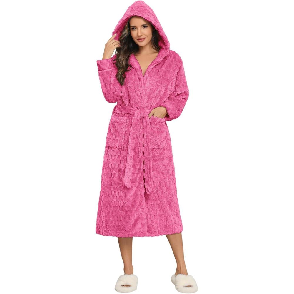 imageEkouaer Womens Plush Robes Long Soft Jacquard Fluffy Bathrobe Hooded Robe Sleepwear with PocketsRose Red