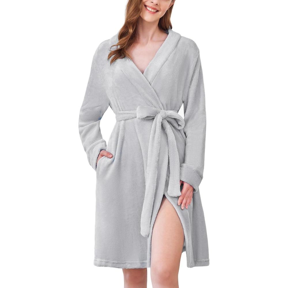 imageEkouaer Womens Robes Short Plush Bathrobe Knee Length Warm Soft Jacquard Robe Winter House Coat with Pockets SXXLLight Grey
