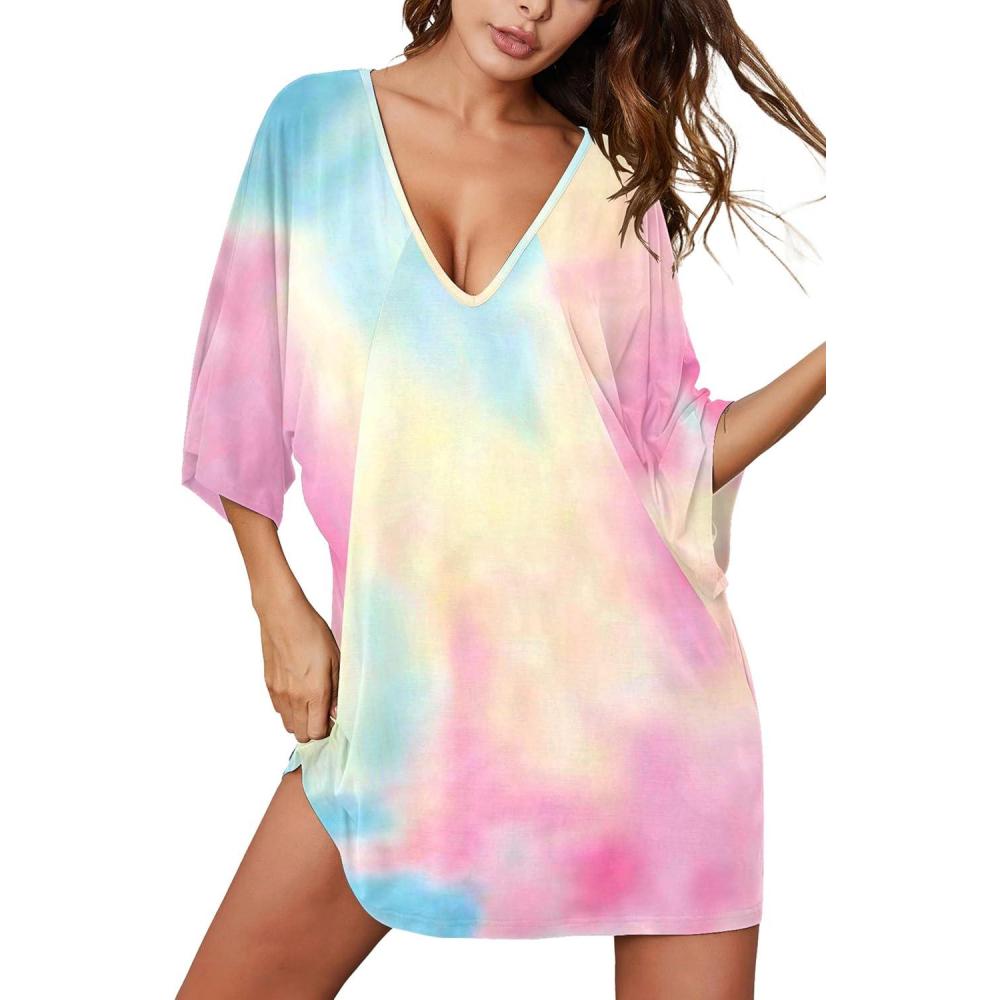 imageEkouaer Womens Sleepshirt Deep V Neck Nightgown Batwing Nightshirt Oversized SleepwearBlue Pink Tie Dye