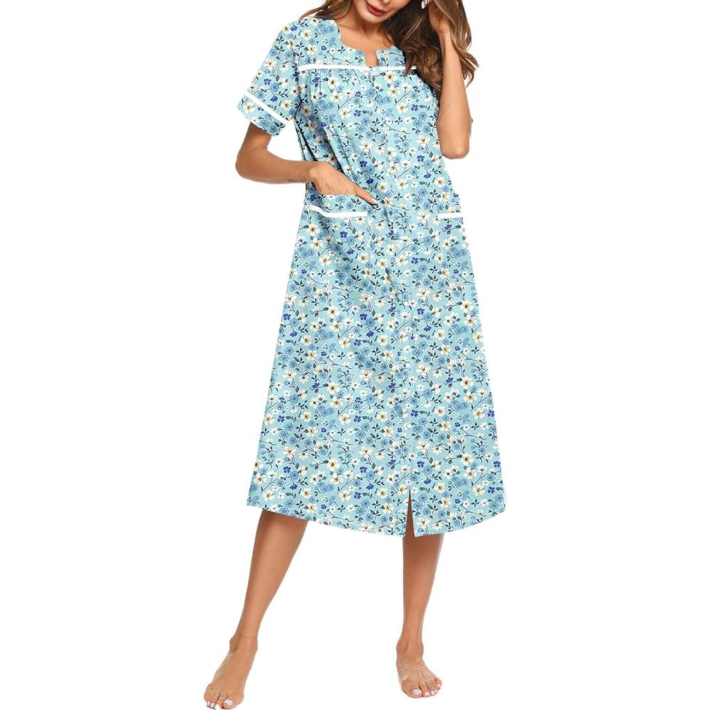 imageEkouaer Womens Snap Front Dusters Cotton Housecoat Short Sleeve Nightgown House Dress With PocketsGreen White Floral