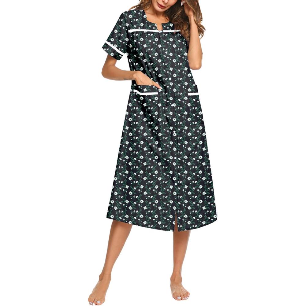 imageEkouaer Womens Snap Front Dusters Cotton Housecoat Short Sleeve Nightgown House Dress With PocketsNavy Blue Floral