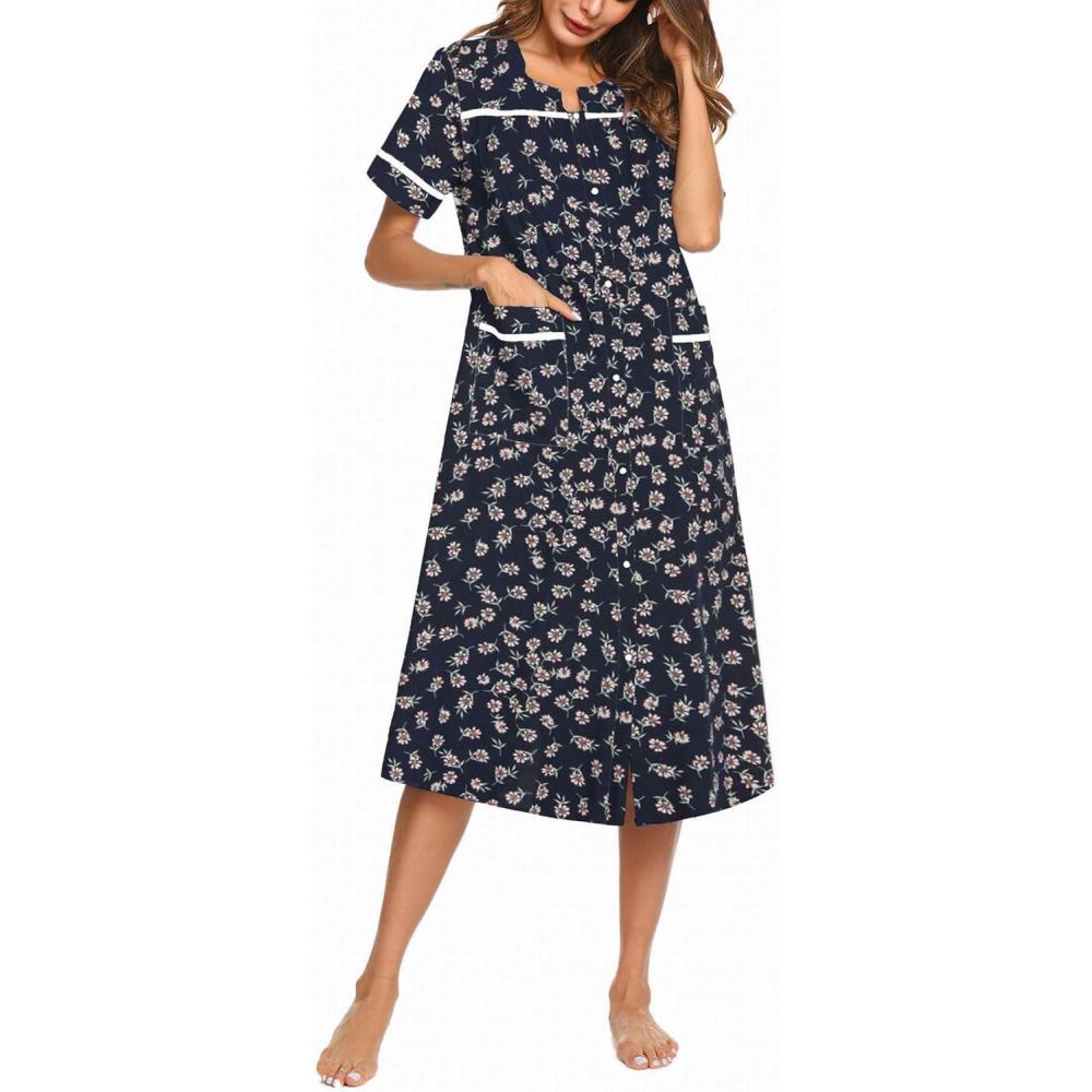 imageEkouaer Womens Snap Front Dusters Cotton Housecoat Short Sleeve Nightgown House Dress With PocketsNavy Floral
