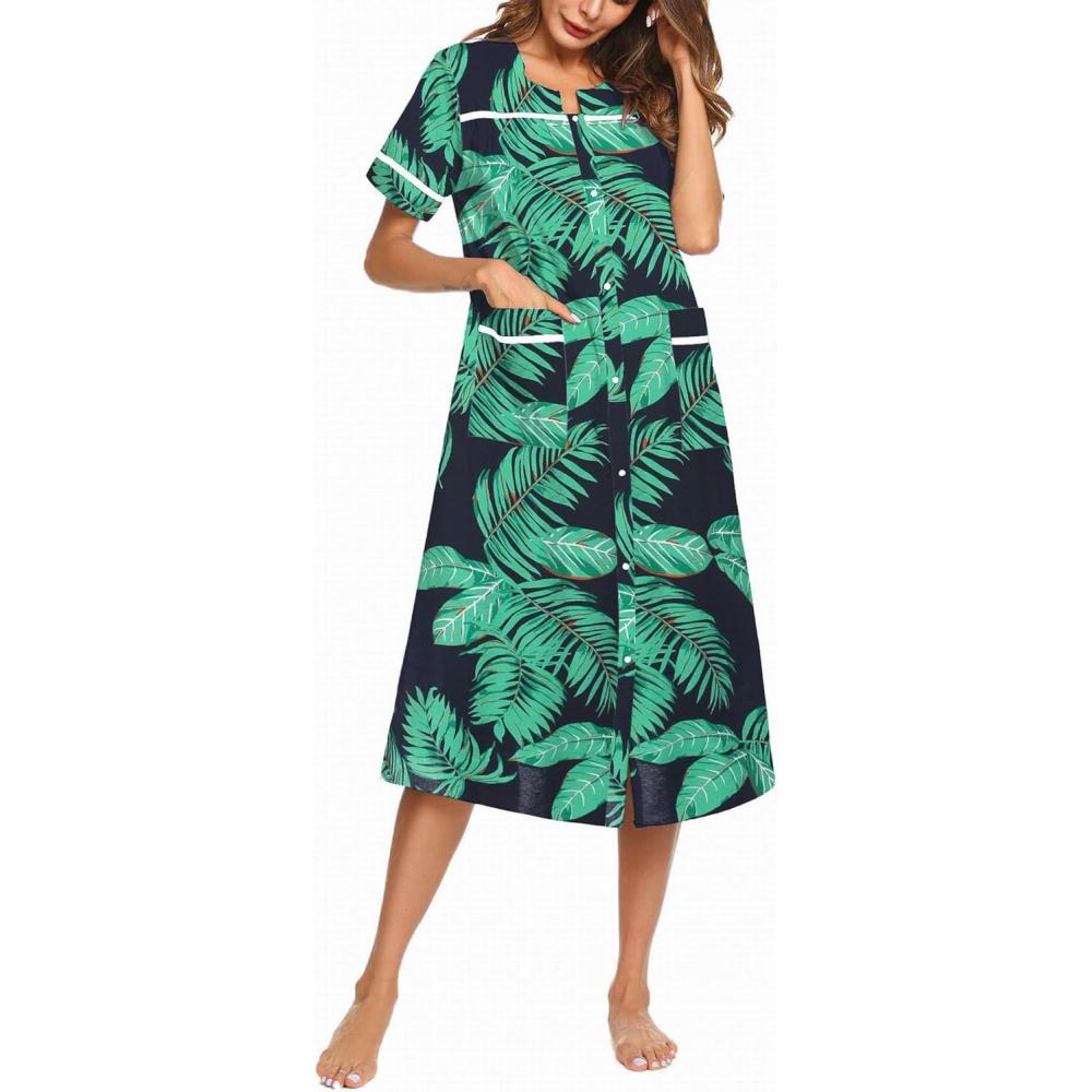 imageEkouaer Womens Snap Front Dusters Cotton Housecoat Short Sleeve Nightgown House Dress With PocketsNavy Leaf