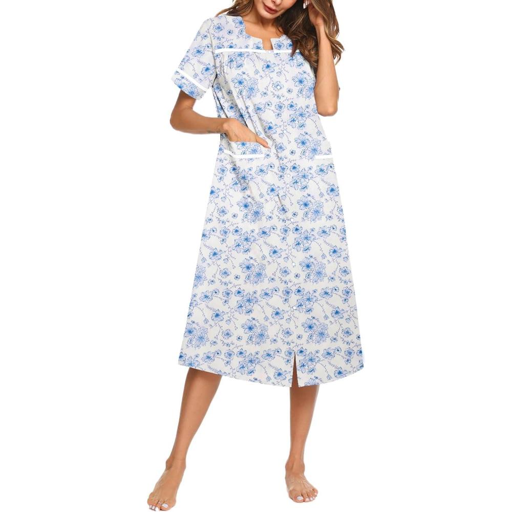 imageEkouaer Womens Snap Front Dusters Cotton Housecoat Short Sleeve Nightgown House Dress With PocketsWhite Floral
