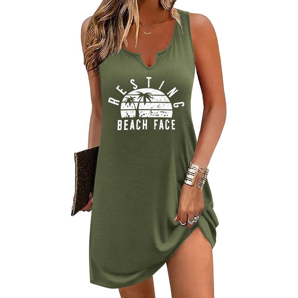imageEkouaer Womens Tank Nightgown V Neck Sleepshirts Soft Sleeveless Chemise Nightdress SXXLArmy Green Letter